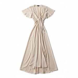 SHEIN VCAY‎ Beige Maxi Dress Flutter Sleeve Tie Waist Flowy Beach Vacation